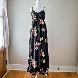 Maxi Floral Summer Black Pink Spaghetti Strap Boho Wedding Guest Spring Dress
